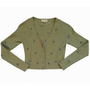 LA Hearts Green Ribbed Button Embroidered Mushroom Cropped Cardigan Cottagecore